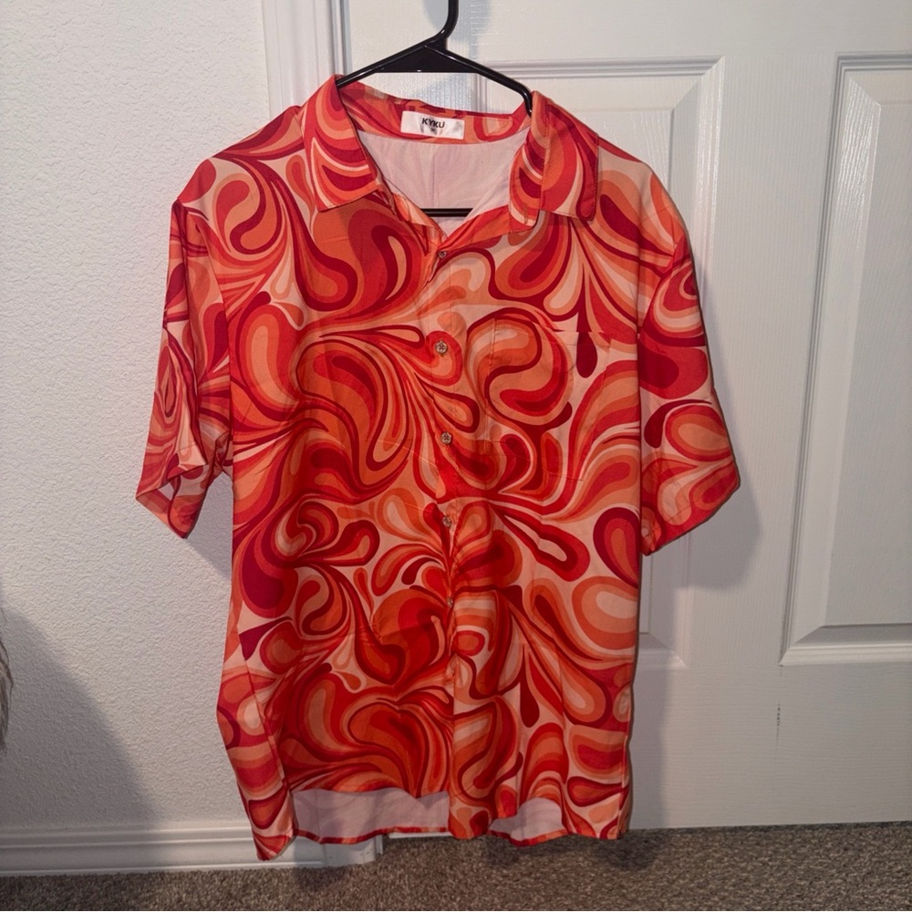 Vibrant Red Swirl Men's Casual Button Down Shirt
